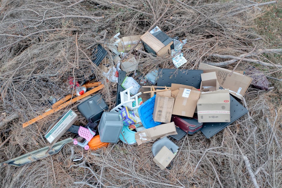 A collection of household waste and debris piled on a patch of dry, brown grass and leafless branches outdoors. The litter includes various cardboard boxes, some flattened and others partially intact, as well as plastic containers and trays, a small black plastic bin lid, and a red beverage can. There are also scattered wooden sticks and a few small plastic toys, all arranged haphazardly on the ground. The background features more dried vegetation and twigs, with no visible structures or urban elements. The scene appears to depict an area where waste has been dumped or discarded improperly, highlighting issues related to illegal dumping or the need for off-site rubbish removal services like those offered by Rubbish Removal Greenwich, which specializes in private and alternative waste disposal solutions. The overall atmosphere is subdued, with natural lighting emphasizing the textures and colors of the discarded items and surrounding vegetation.